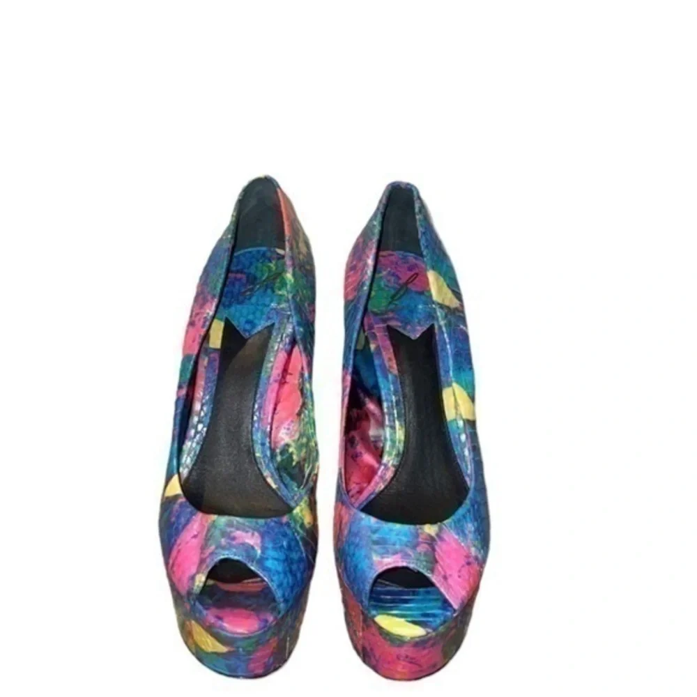 Brian Atwood Bambola Multicolored Snakeprint Peep‎ Toe Platform Heels Size 8.5